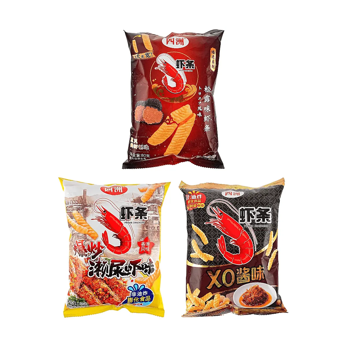 Four Seas Shrimp Crackers 3 Flavors Combo Pack - Black Truffle, Hong Kong Stir-Fried Prawn, XO Sauce - Non-Fried, 3 Bags 240g Four Seas Shrimp Crackers 3 Flavors Combo Pack - Black Truffle, Hong Kong Stir-Fried Prawn, XO Sauce - Non-Fried, 3 Bags 240g
