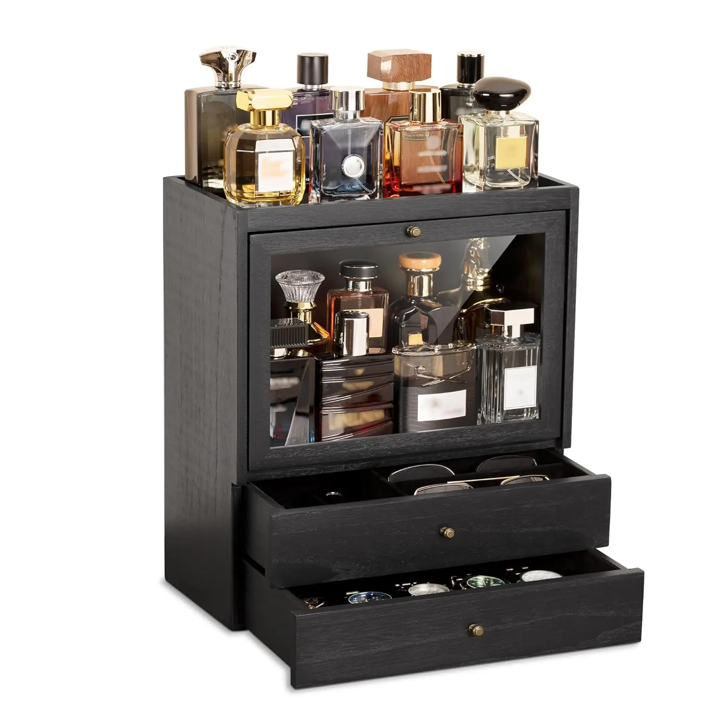 Cologne Organizer, 4 Tier Vertical  Perfume Stand for Men, Large Capacity  Perfumes Organizer Cologne Stand with Double Drawer Storage,  for Loved ones (Black)