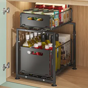 MIAOLI Double-Tier Sliding Sink Storage Rack - Heavy-Duty Carbon Steel Kitchen & Bath Storage Rack with Adjustable Shelves, Hooks, and Sliding Drawers - Space-Saving Cabinet Organizer for Utensils, Spices, and Cleaning Supplies - Easy Installation