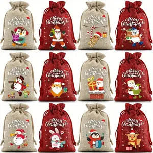 36pcs Christmas Drawstring Gift Bags, Xmas Wrapping Bags, Burlap Jute Bags for Presents, Holiday Party Favors Assortment, Best for Christmas