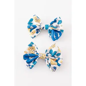 Blue floral print piggie hair bow