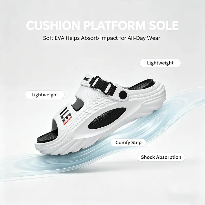 Unisex Chunky Wave Platform EVA Slide Sandals Adjustable Quick Release Buckle Hollow Cutout Slip On Slippers Cushioned Soft Insole Non Slip Waterproof Lightweight Summer Beach Outdoor Walking Shoes Off White & Gray