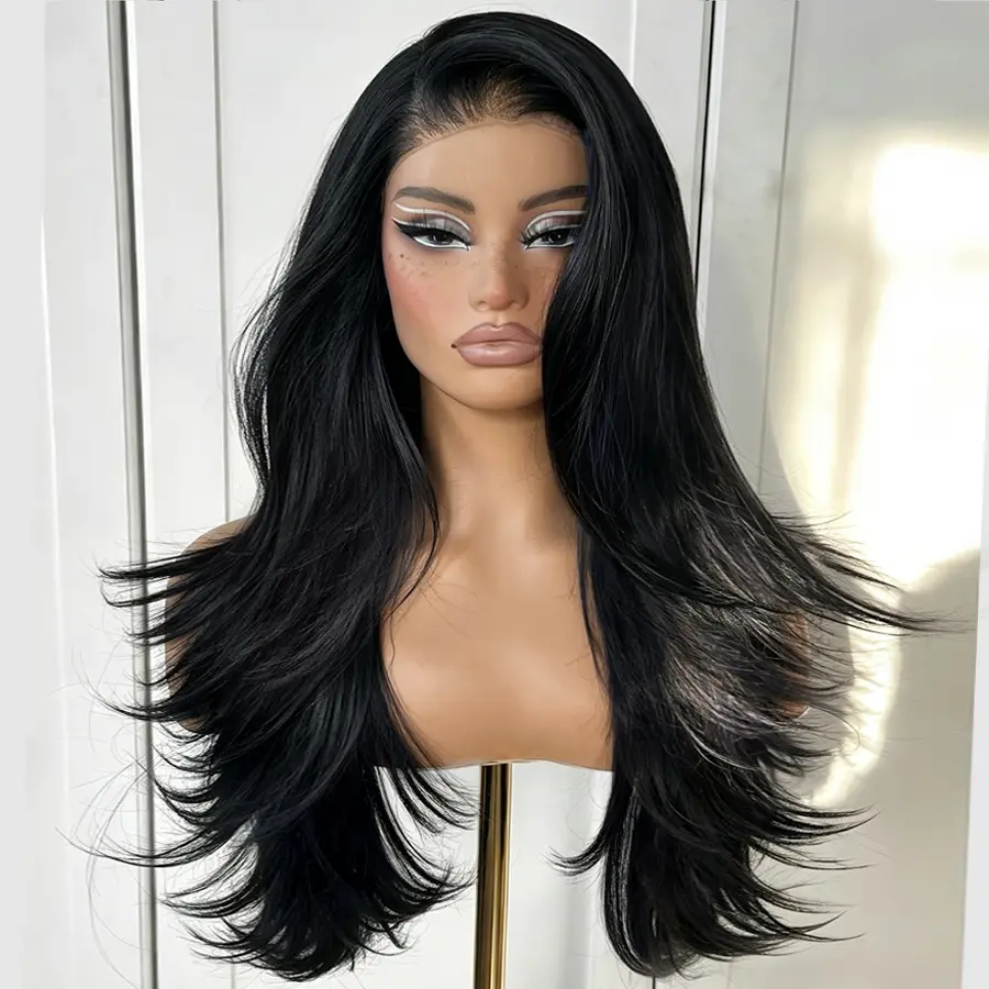 MITIMES 26" Falling Feather Ultra Multi-Layered Lace Front Wig – 13x6 HD Transparent Glueless Synthetic Wig, Pre-Plucked & Pre-Cut, Heat-Resistant Fiber, Full Voluminous Natural Hairline, Breathable Cap for Daily, Party, Travel, Cosplay (Beginner Ready)