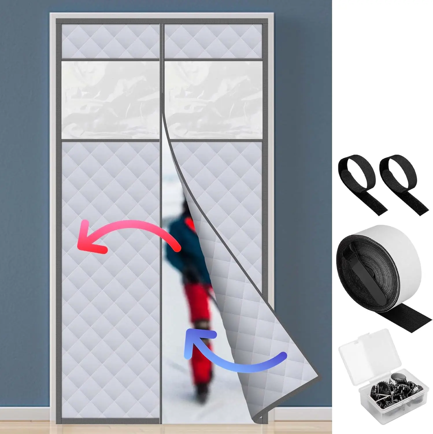Visible  Thermal Insulated Door Curtain- Fits 36" x 80" Door Soundproof Windproof Insulation Doorway Curtain with Window- Automatic Closing Door Screen Cover for Keeping Warm in Winter