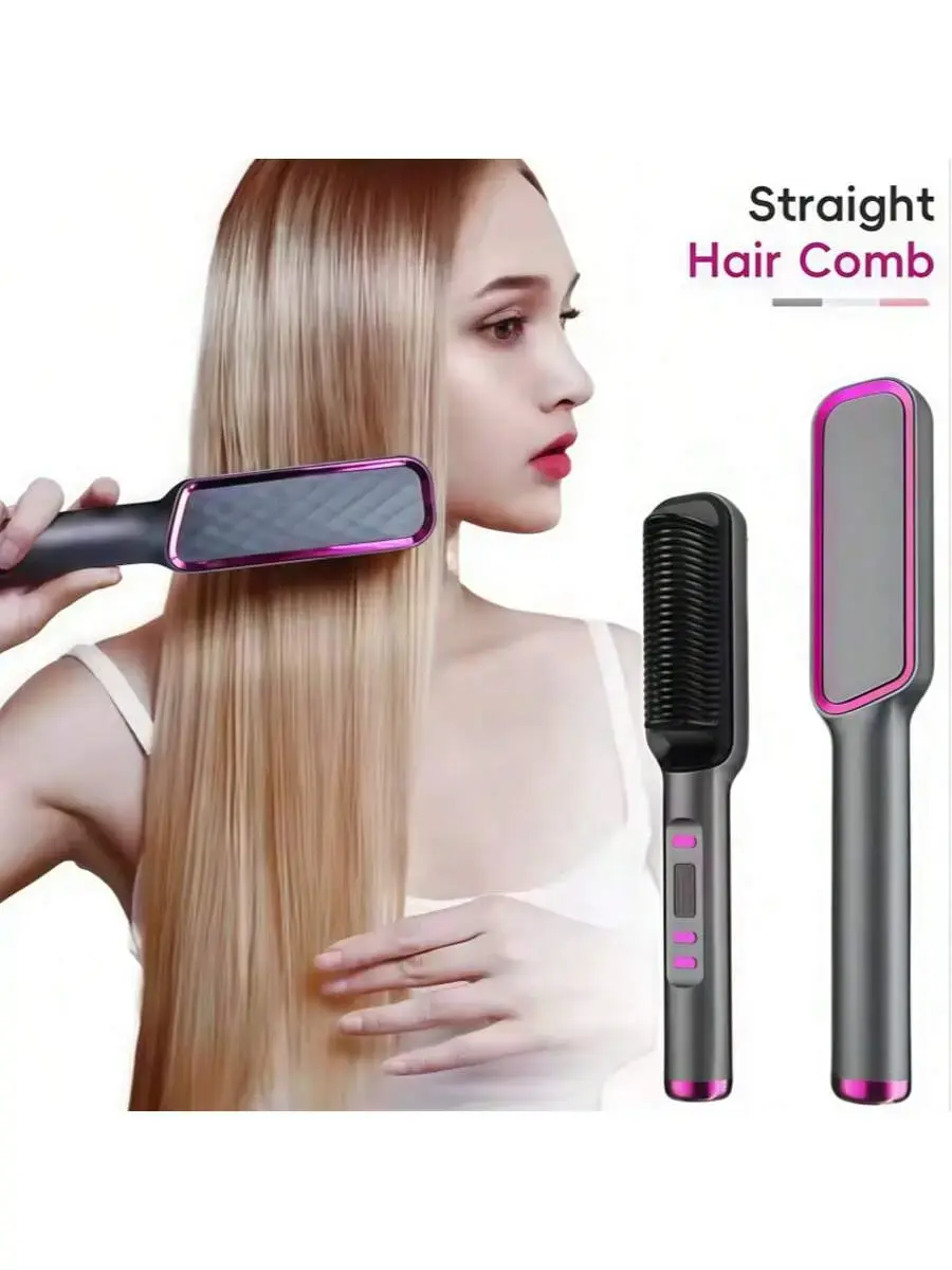 2-in-1 Electric Hair Straightener Brush Hot Comb, Fast Heating Heated Ceramic Straightening Comb Anti-Frizz Anti-Scalding Styling Brush with LCD Temp Control