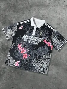 Y2K short-sleeve polo shirt, dragon and floral print | loose Harajuku street style | Missouri Forge Ahead pattern | trendy unisex TikTok popular top