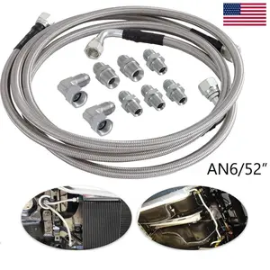 Universal SS Braided Trans Cooler Hose Set, 2PCS 52 Inch Flexible Lines, AN-6 Flare Connectors & Billet Adapters, Fit TH350 TH400 700R4 4L80E Ford C4 C6 Transmissions