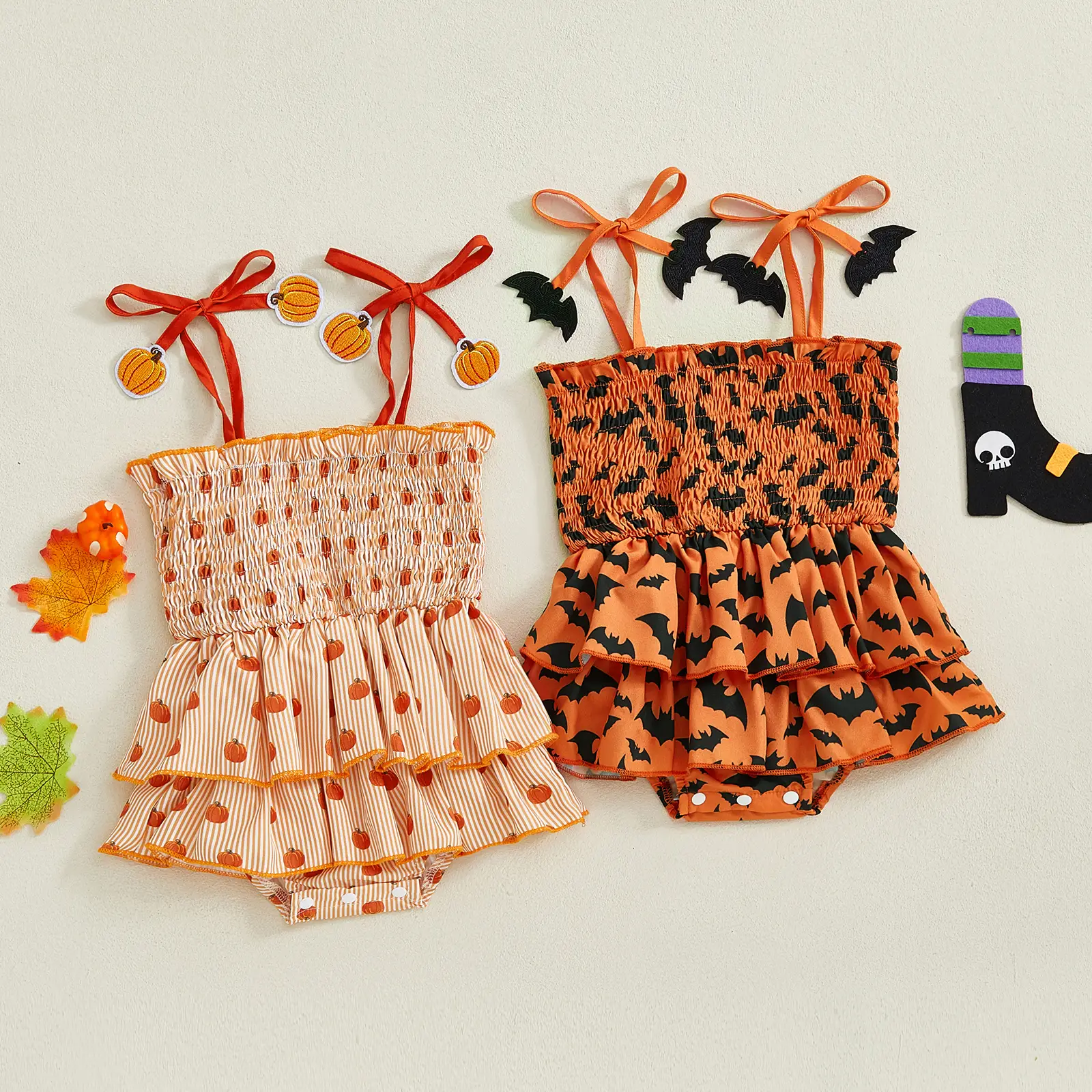 Baby Girl Halloween Romper Dress Pumpkin/Bat Print Tie-up Strap Smocked Tiered Ruffled Jumpsuit