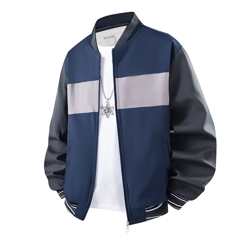 Men Color Block Striped Bomber Jacket Color Contrast Panel Zip Up Baseball Windbreaker Lightweight Water Resistant Rib Striped Collar Cuffs Streetwear Hip Hop Casual Daily Spring Fall Fashion Outer Coat With Side Pockets