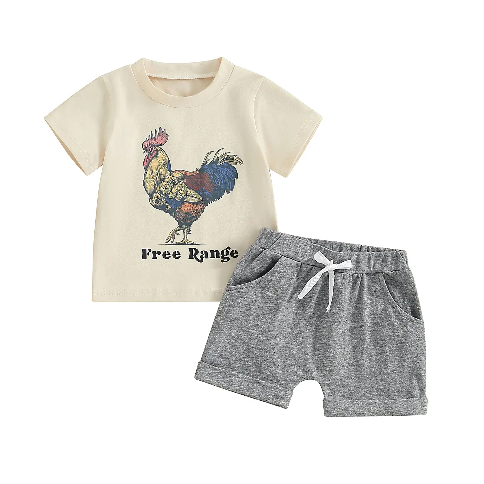 Toddler 2-Piece Baby Clothing Set, Casual Cotton Blend Free Range Rooster Chicken Country Farm Tops+Shorts, Wash Durable Short Sleeve Summer Tracksuit, Free Range Tee