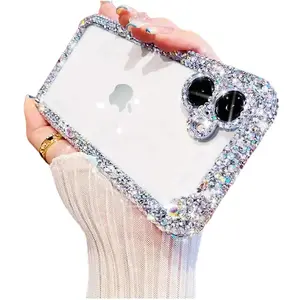 Case for iPhone 16 – Designer Bling Clear Glitter Phone Case for Women, Sparkly Rhinestone Camera Protection, Shockproof Crystal Cover for Girls, Anti-Fall Airbag Design Protective