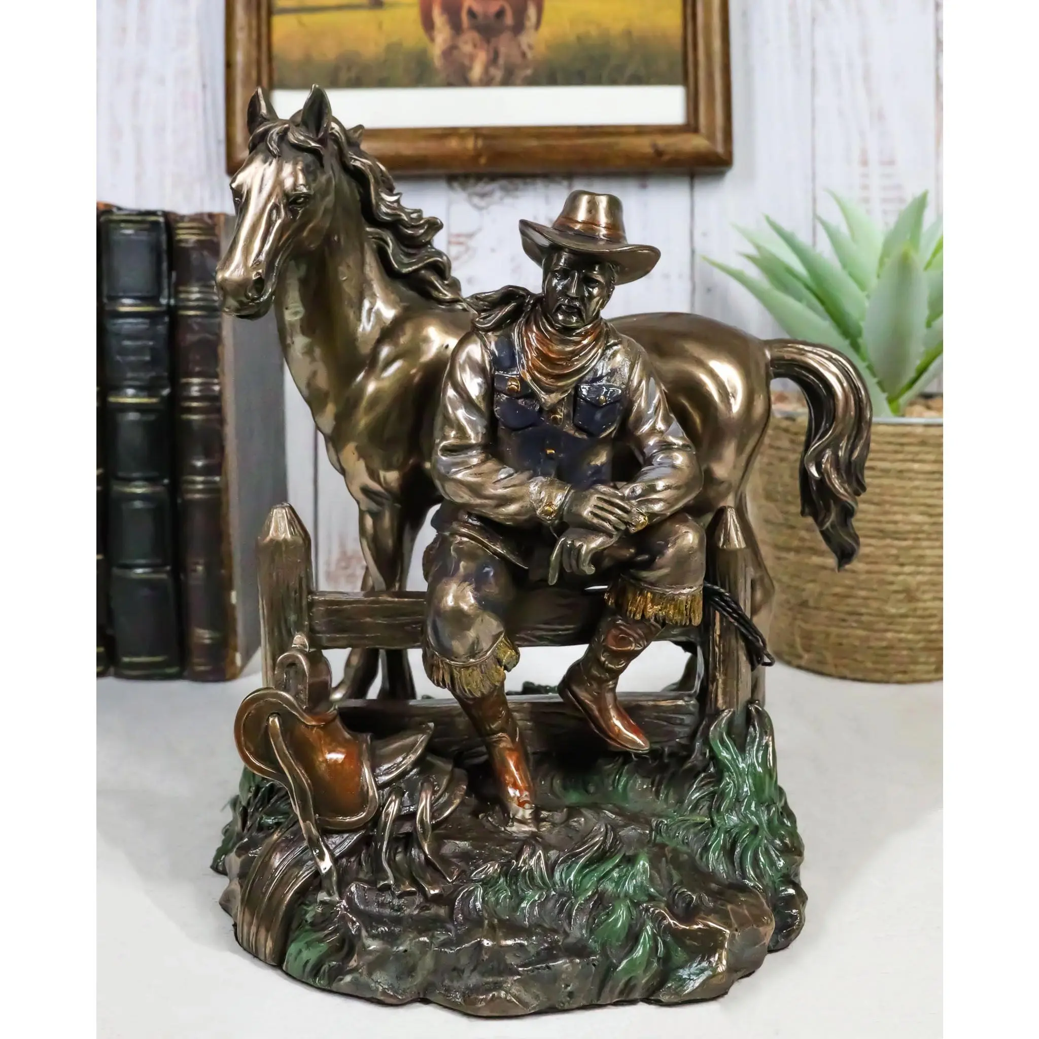 Hand-Painted Bronze Rustic Western Desert Cowboy Figurine, Sitting By Fence With Horse, Home Decor Sculpture For Room