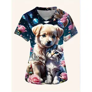 Women's V-Neck Short Sleeve Top with Adorable Puppy & Kitten Print, Breathable Polyester-Spandex Blend, Side Pockets - Lightweight Nurse Uniform or Casual Shirt for Professionals, Nurse Accessories