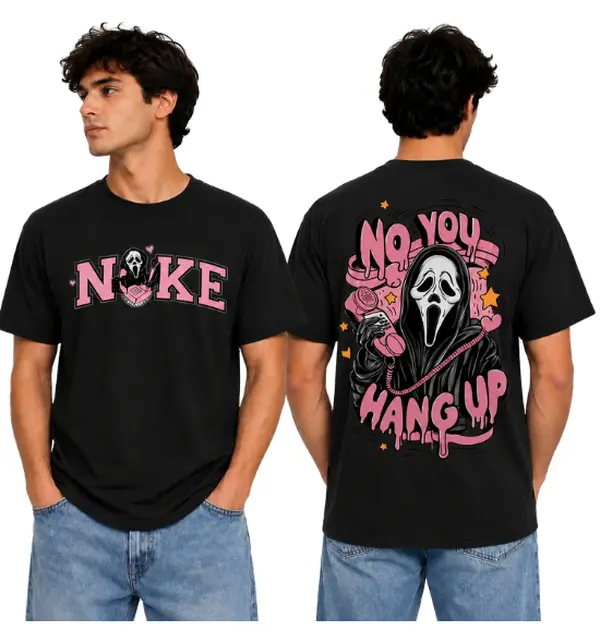 No You Hang Up Ghostface T-Shirt, Funny Retro Horror Phone Graphic Tee, Double Sided Spooky Season Shirt, Trendy Scream Movie Humor Design, Pink Black Halloween Apparel, Bold Streetwear Style, Perfect Gift For Men and Women