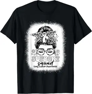 100% Cotton Unisex Groovy Support Squad Messy Bun Lung Cancer Awareness Gifts T-Shirt