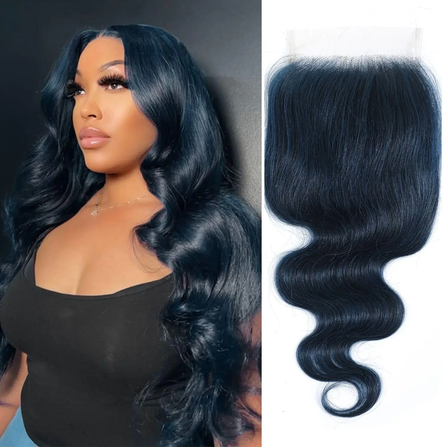 ALHER 4x4 Lace Closure in Midnight Blue, 20 Inch 12A Body Wave Brazilian Real Hair for Black Women, 150% Density with Pre-Plucked HD Transparent Lace, Human Hair Wig, Casual