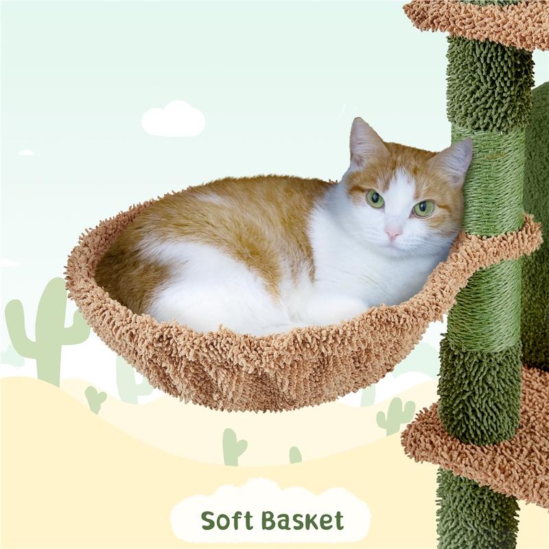 Yaheetech Cactus Cat Tree, 66in Cat Tower for Indoor Cats, Multi-Level Cat Tree with Large Condos & Ramp, Pet Play House with Padded Perch, Platforms, Basket & Hanging Ball, Green/Brown