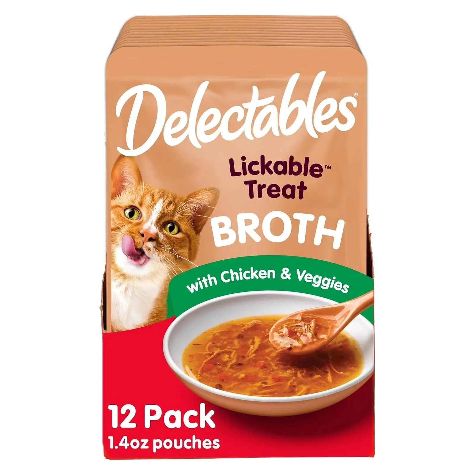 Delectables Lickable Treat Savory Broth Wet Cat Treat with Real Chicken & Veggies, Food Topper, Hydrating, Grain-Free, No Fillers, No By-Products, No Added Preservatives, 1.4oz Pouch, 12ct