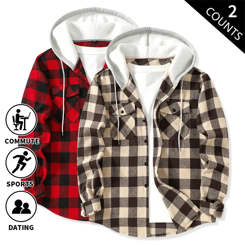2-Pack Men’s Hooded Plaid Jacket, Long-Sleeve Button-Front Checkered Shirt Jacket with Pockets, Casual Vintage Overshirt Shacket