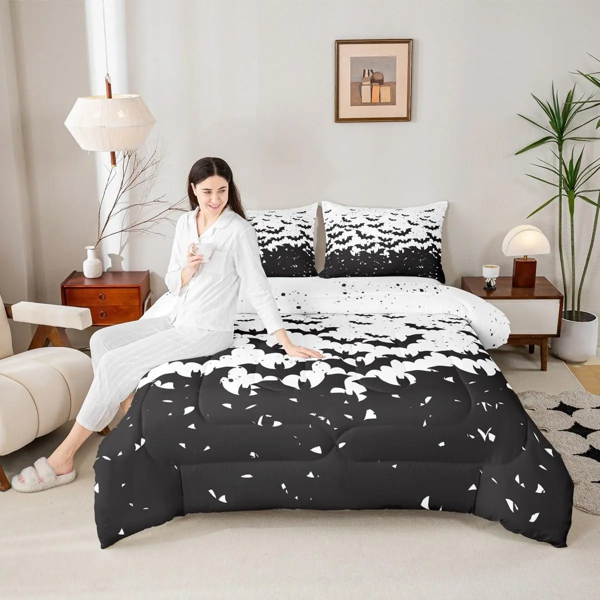 Black Bats Comforter Set,Happy Halloween Before Christmas Bedding Set Adults Room Decor,Halloween Holiday Down Comforter,Black White Simple Duvet Insert