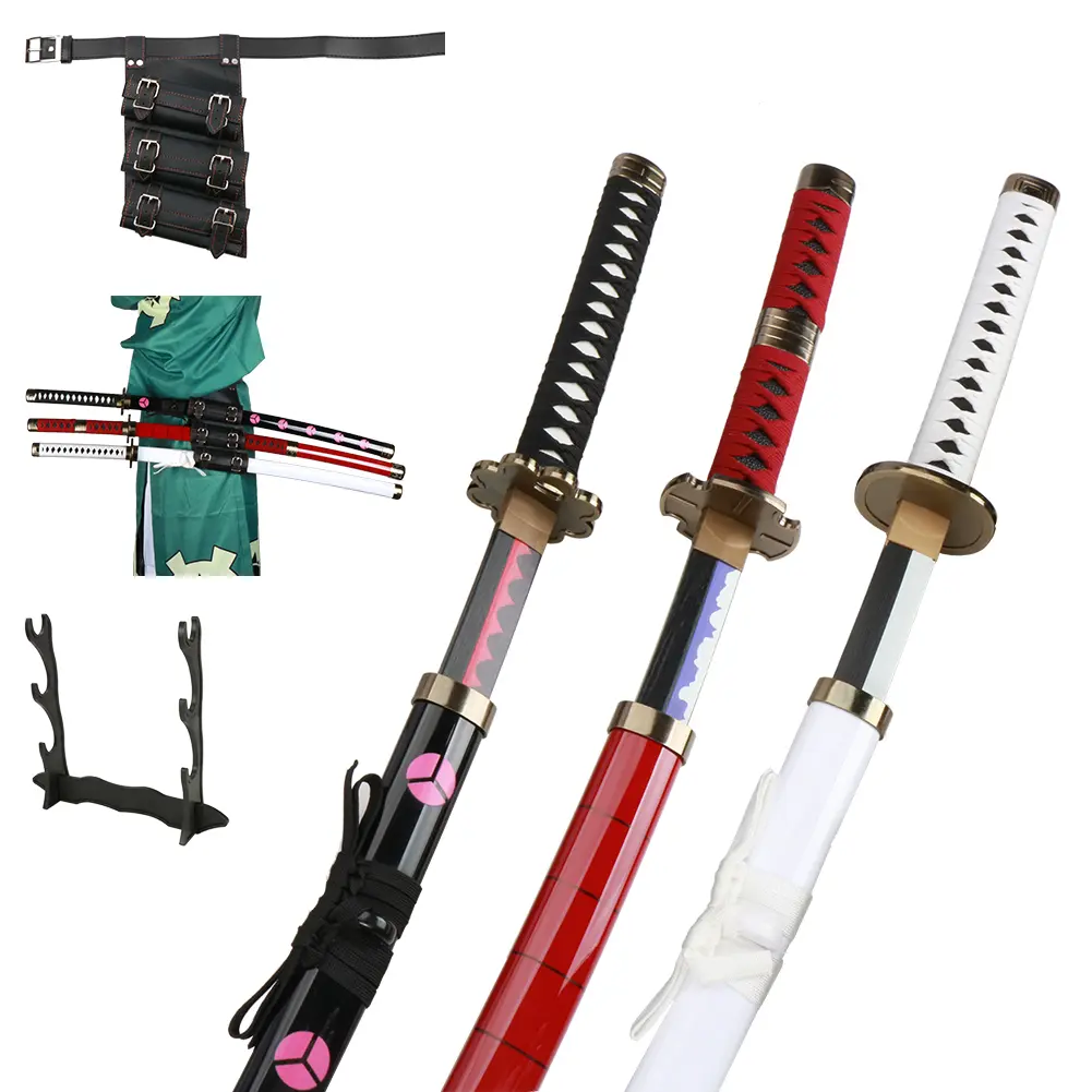 ELERVINO 41in Unisex Bamboo-Wooden Plastic 12 Years Above 1x Cosplay Roronoa Zoro Sword Set - Shusui, Wado Ichimonji, Sandai Kitetsu Swords, 1x Black Belt Stand Display for Anime Cosplay, Christmas Decoration, Collectibles