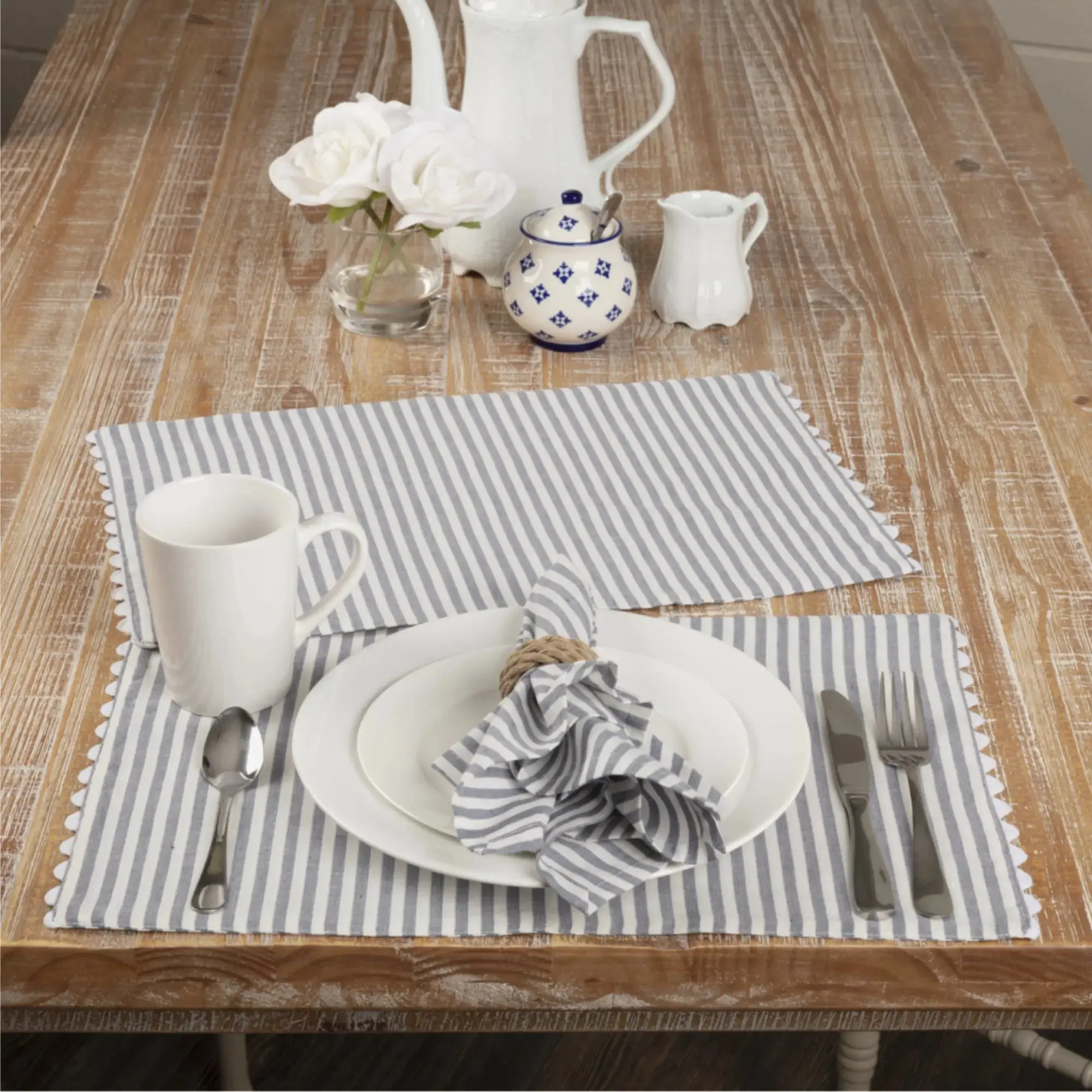 Farmhouse Ticking Blue Cotton Cloth Napkins Set of 4 - Antique Denim Table Decor, Kitchen Tableware
