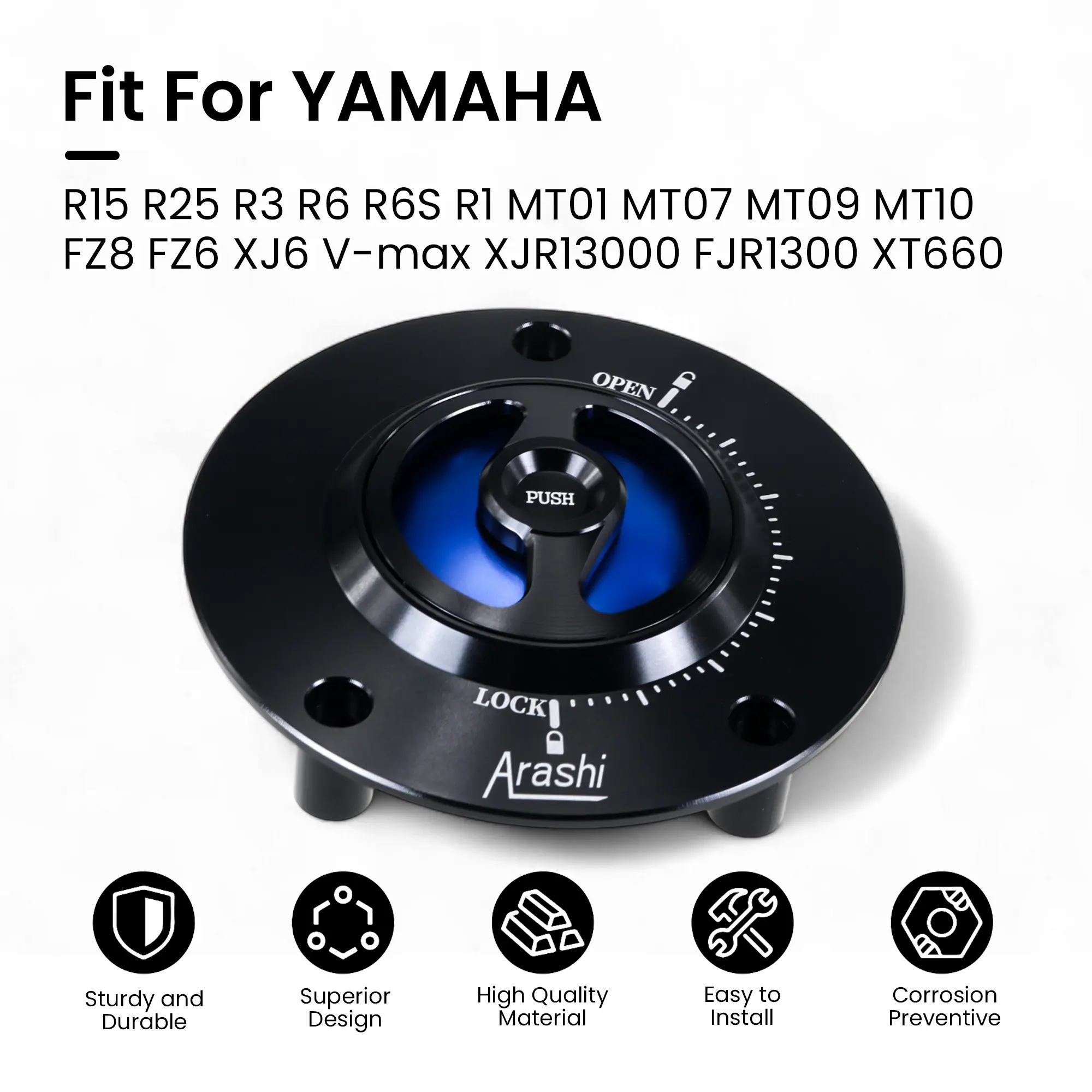 Brand New Aftermarket 1 Piece 6061 T6 Aluminum Alloy Motorcycle Fuel Tank Cap, Fits YAMAHA R1, R2, R3, R6, R6S, R15, MT01, MT07, MT09, MT10, FZ6, FZ8, XJ6, V-Max, XJR1300, FJR1300 All Years, XT660