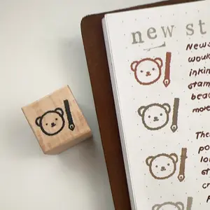 Bear & Fountain Pen Wooden Stamp for Ink Journaling - Adorable Bear Design for Creative Journaling