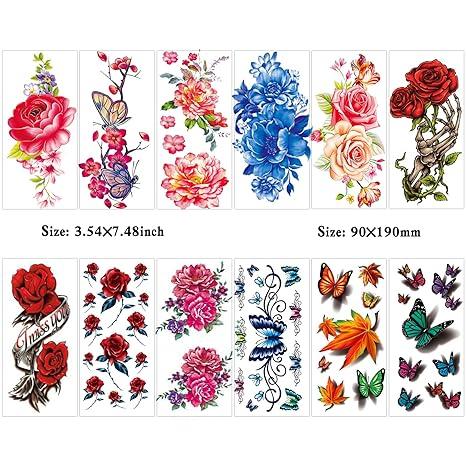 82 Sheets Flowers Temporary Tattoos Stickers, Roses, Butterflies and Multi-Colored Mixed Style Body Art Temporary Tattoos for Women, Girls or Kids Waterproof scene accessories
