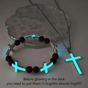 Luminous Cross   Set Fashionable Unisex  Fluorescent  Jewelry Holiday Gift Birthday Gift Party Gift tarnish proof Versatile Pendant Necklace Knot Leather Bracelet