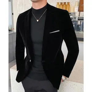 Men’s Casual Velvet Blazer – Solid Color Lapel Collar Jacket, Cotton-Polyester Blend, Regular Fit Everyday Coat with Chest Pocket