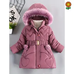 DZP-Autumn Winter Girls Coat Keep Warm Thicken Kids Jacket Hooded Zipper Princess Outerwear Children Clothing with Belt in Pocket, Seasonal Kids Wear, Cold Weather Coat, Stylish Children Coat, Filling, Cozy Winter Wear, Belted Jacket, Schoolage Kids, Chil
