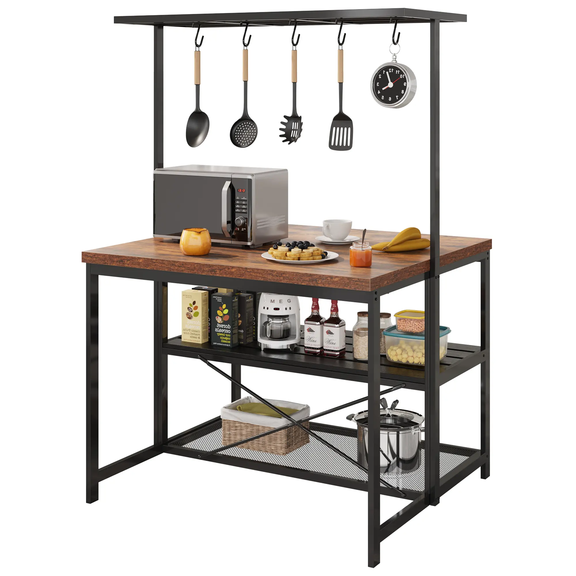 Garvee Multifunctional Kitchen Island – 3-Tier Bakers Rack, Storage Shelves, Coffee Bar Table with Power Outlet, Heavy Duty Steel Frame, 5 Hooks, Microwave Stand – Space-Saving Kitchen Furniture for Small Spaces – 42"/47" Vintage Brown