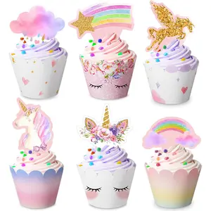 30 Pieces Unicorn Cupcake Toppers and Wrappers Unicorn Cupcake Decorations Unicorn Cup Cake Liners Rainbow Unicorn Birthday Party Supplies Unicorn Topper Decorations for Girls Women Birthday Party