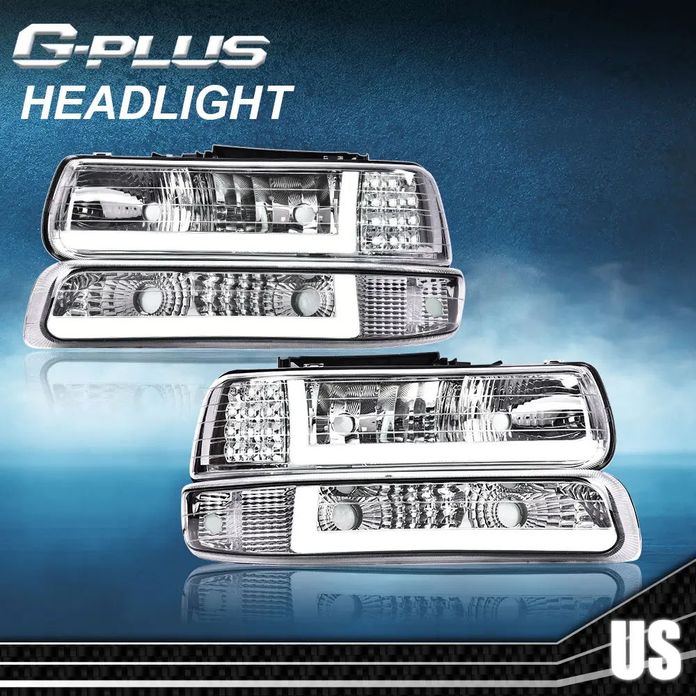 G-PLUS LED DRL Headlamp Assembly with Signal Bumper Headlamps, Chrome Housing, Car Lights for 1999-2002 Chevy Silverado & 2000-2006 Tahoe, Vehicle Accessories, Truck Accessories