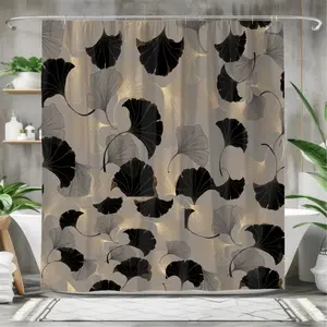 1/4 piece black gold and silver apricot leaf shower curtain set, waterproof shower curtain with 12 hooks, non-slip bathroom carpet, toilet U-shaped cushion, toilet seat cover cushion, bathroom decoration, bathroom shower curtain set, perfect mobile gift