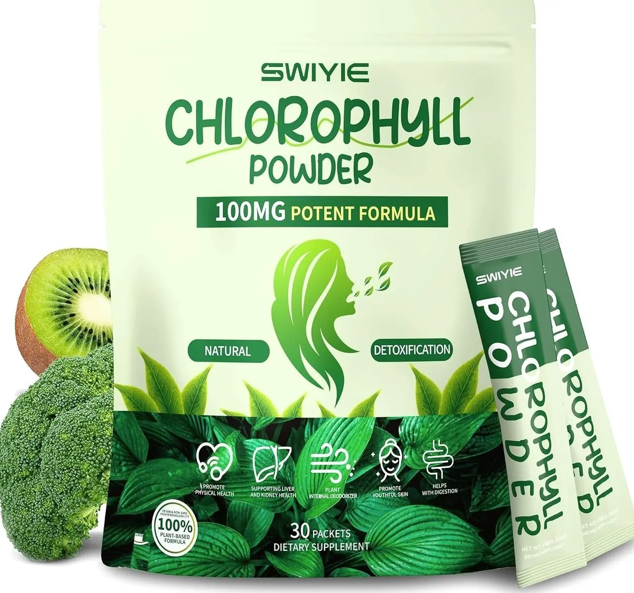 Chlorophyll Powder – 100mg Liquid Clorofila for Drinking – Natural Herbal Detox Supplement – Supports Gut & Breath – Chlorophyll Water Formula – 10g x 30 Packets