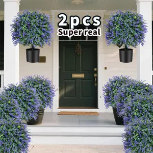 Super Real 21.6" Artificial Lavender Topiary Trees Set of 2 UV Resistant Faux Boxwood Ball Shrubs Fake Outdoor Bushes for Garden Patio Porch Decor Potted for Indoor Outdoor