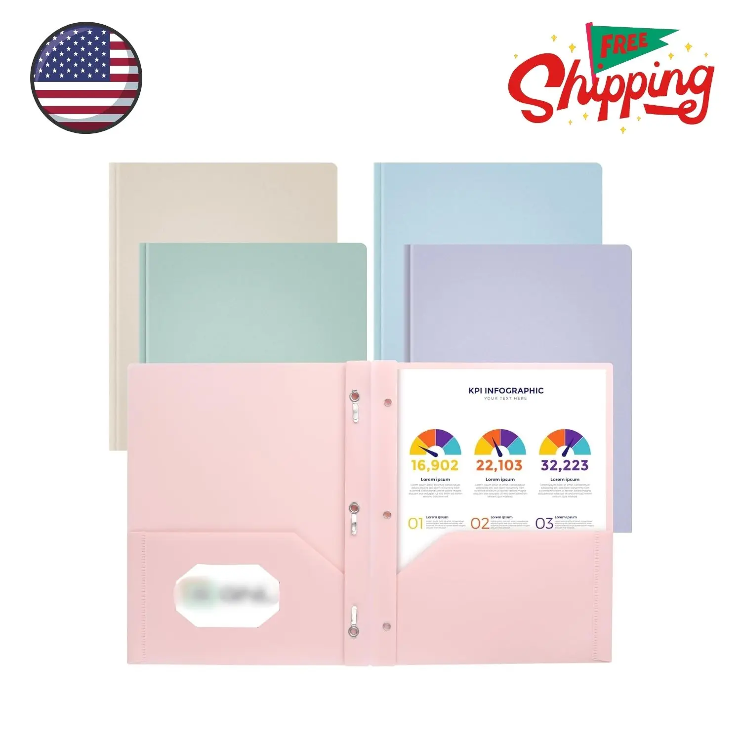 Plastic Folders with Pockets and Prong, Pack of 5