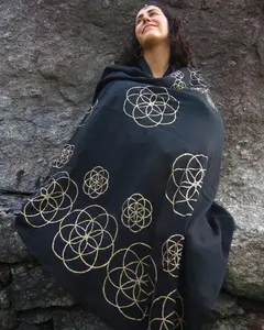 Black Seed of Life Scarf / Meditation Shawl or Altar Cloth / Sacred Geometry Prayer Shawl / Gold Mandala Flower of Life Sarong