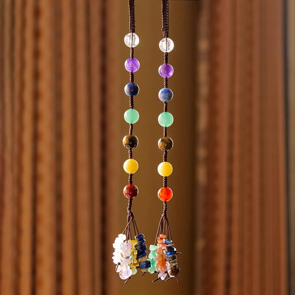 Natural Crystal Seven Chakra Round Bead Pendant, Tumbled Therapeutic Healing Stone Car Pendant, Yoga Energy Gemstone Jewelry Gift, Chakra Healing Crystals, Chakra Healing Stones, Stones For Healing