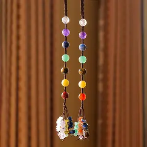 Natural Crystal Seven Chakra Round Bead Pendant, Tumbled Therapeutic Healing Stone Car Pendant, Yoga Energy Gemstone Jewelry Gift