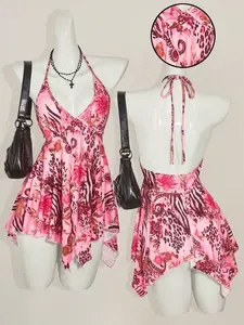 ICON Women's Retro Floral Print Backless Camisole Tops, Bohemian Y2K V-Neck Beachwear Blouse For Vacation & Casual Wear, Spring/Summer