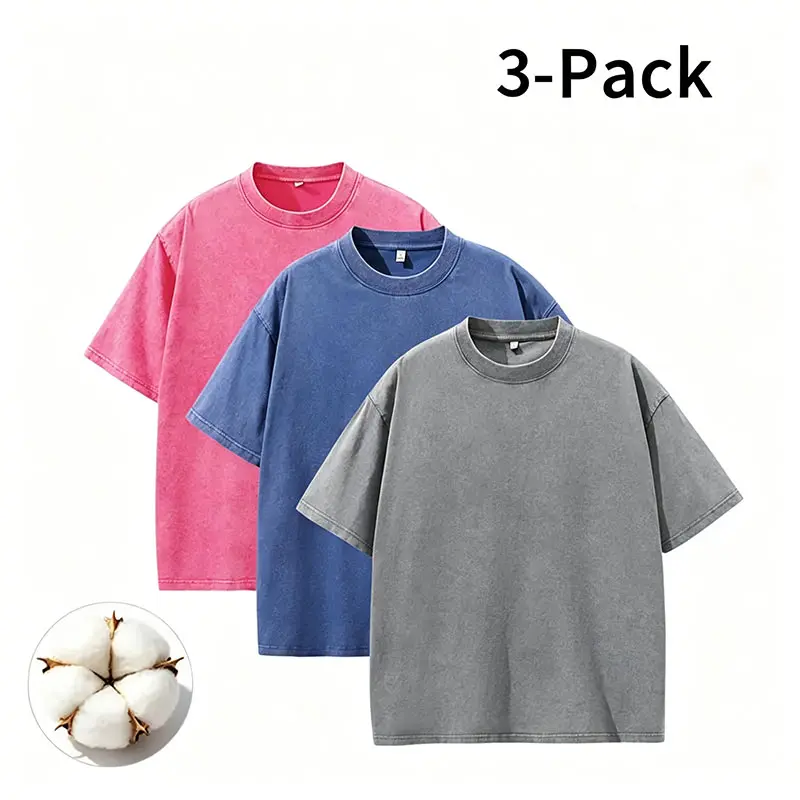 3-Pack Men’s Retro Wash Oversized Cotton T-Shirts – Crew Neck Basic Casual Tees (Optional 3-Pack )summervibes casual builder tee