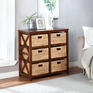 3 Tier X-Side End Storage Cabinet with 6 Water Hyacinth Natural Wicker Baskets