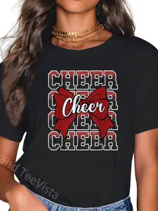 100% Cotton Unisex Coquette Cheer Bow Funny Sport Cheerleader Cheerleading Red T-Shirt Graphic Casual Round Neck Tee