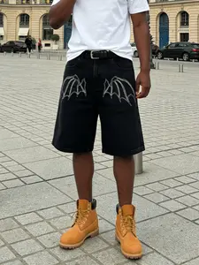 Men's Denim Shorts with Multiple Pockets, Loose-Fitting Straight Leg Jeans, Street Style Letter Embroidery, Casual Fashion, Streetwear