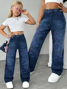 Valentine's Day Gift Line Cat Print Loose-Fitting Denim Jeans for Girls Ages 8-12, Casual Girls' Fashion, Must-Have Gift for Sisters