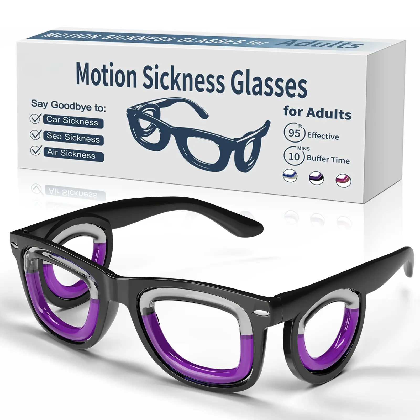 White Geometric Motion Sickness Glasses, Unisex Eyewear Fashion for Nausea Relief on Cars & Cruises, Lightweight Travel Size Design