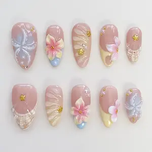 Starfish Bloom Elegance Press On Nails Short Almond Nails/Flower Nails/Yellow Nails/Spring Summer Nails/Shell Nails/Birthday Nails